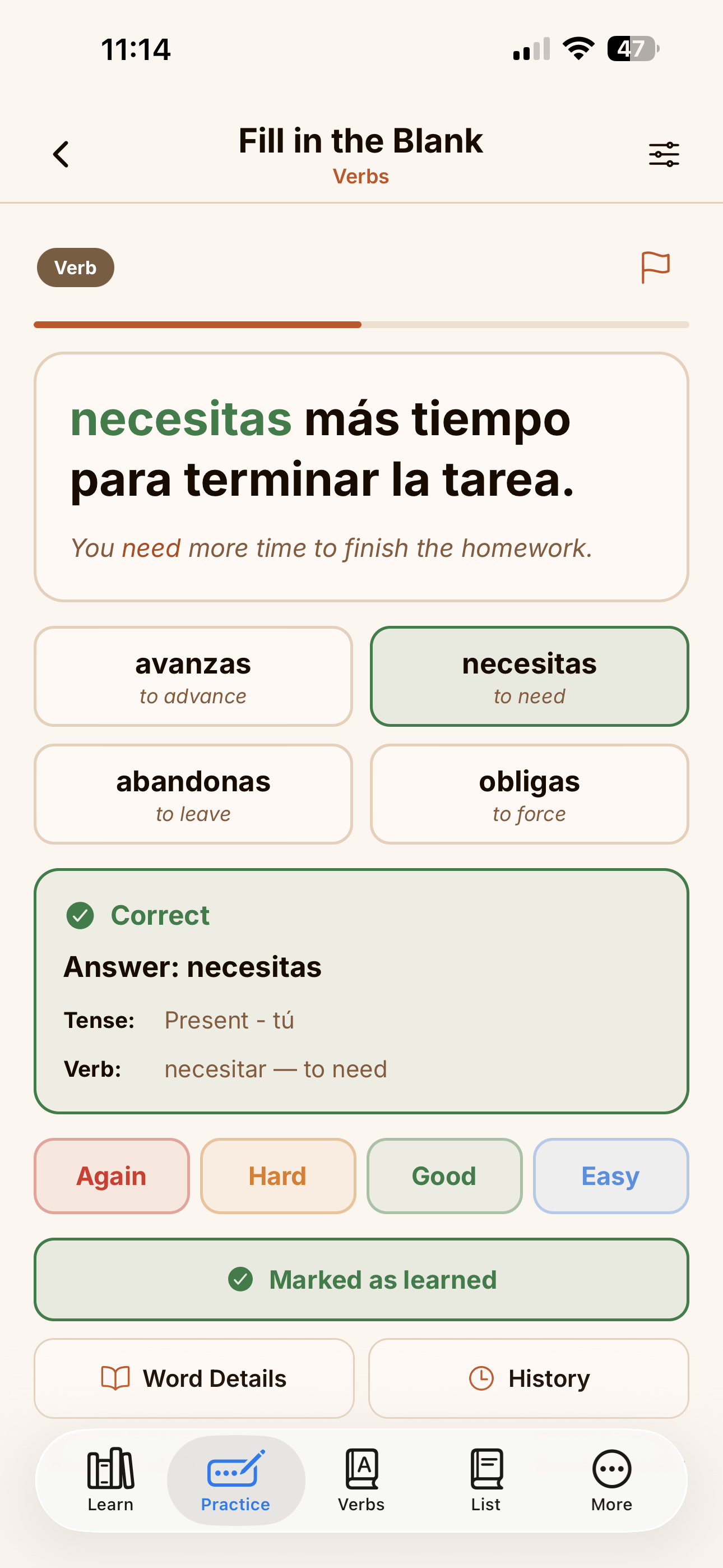Taza Fill in the Blank verb practice showing a correct answer with tense and verb explanations