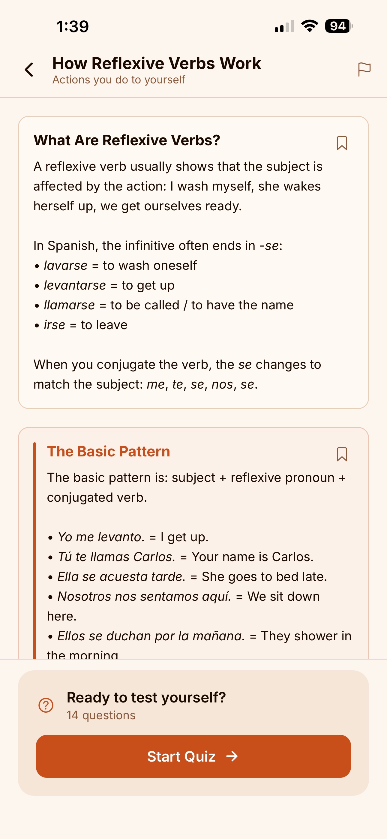 Taza lesson module explaining how reflexive verbs work
