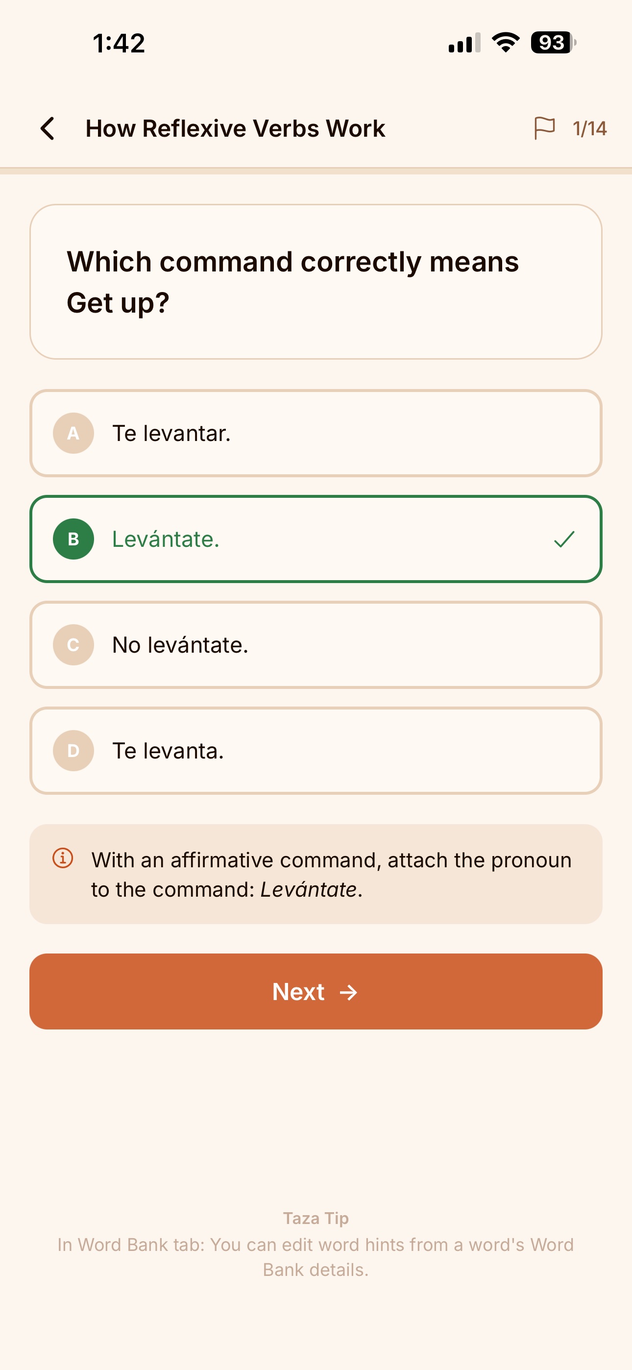 Taza module quiz with a correct answer and a helpful explanation