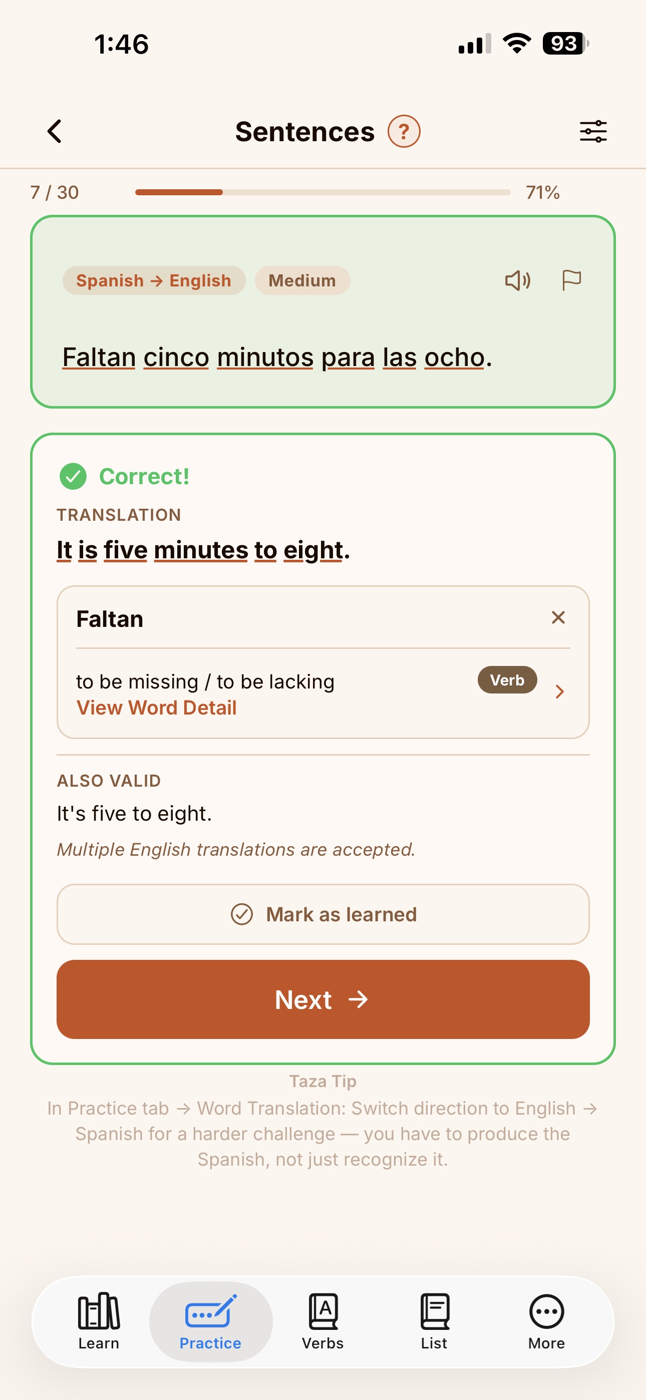 Taza sentence translation practice with answer feedback and accepted alternatives