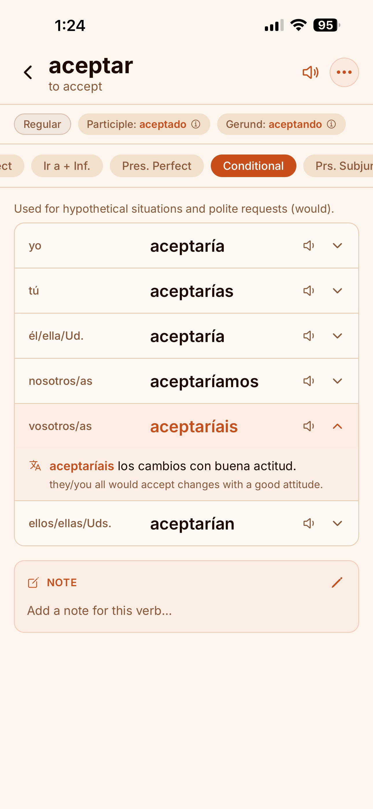 Taza verb detail page with a full conditional conjugation table
