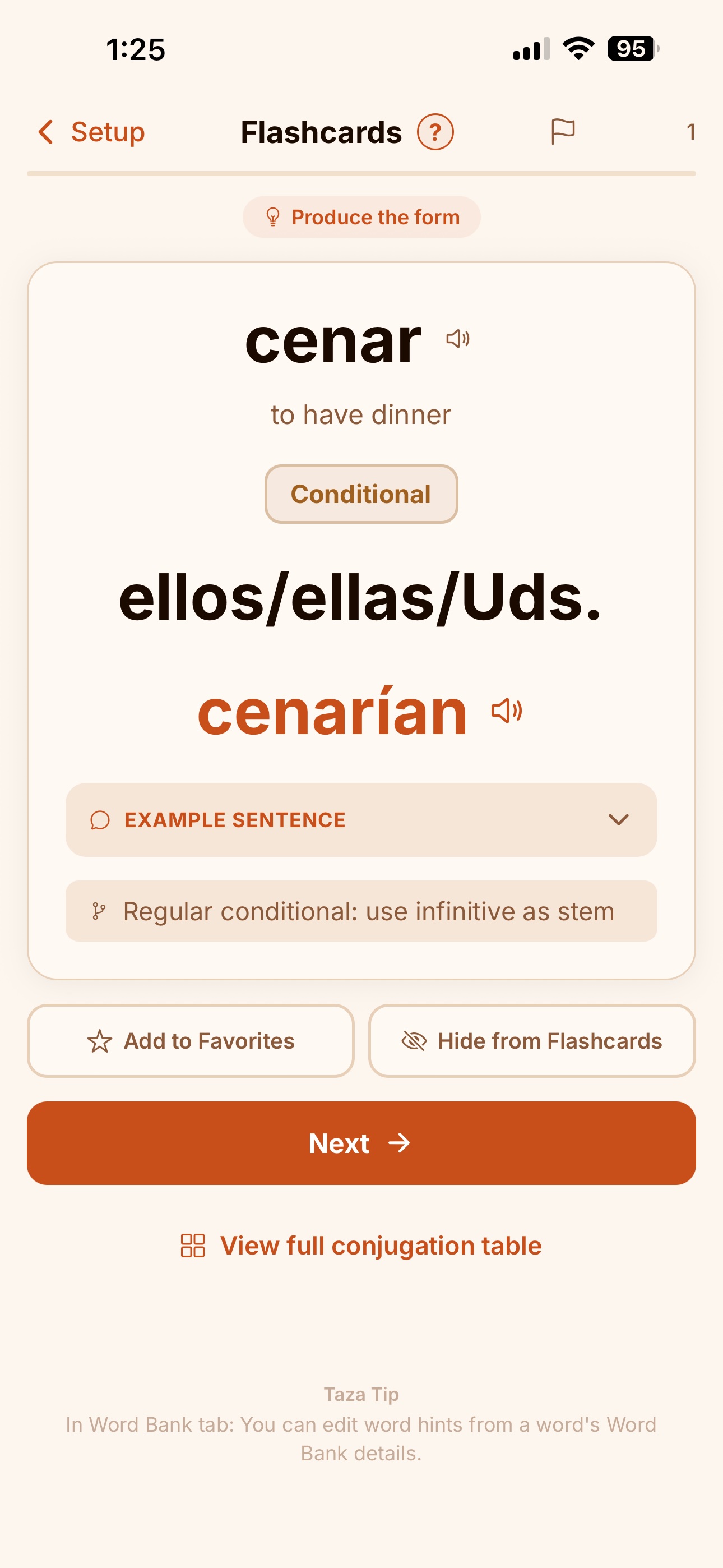 Taza conjugation flashcard practice for the conditional tense