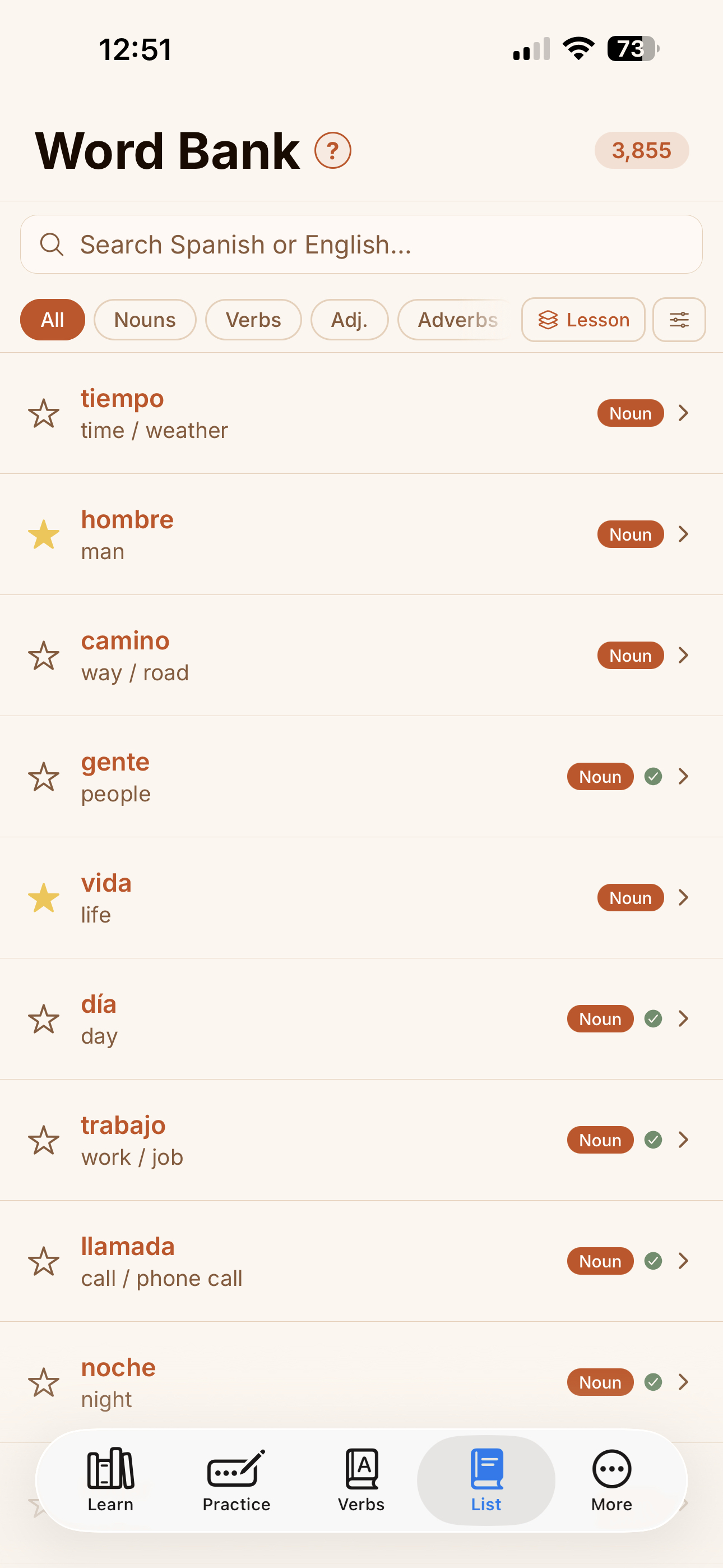 Taza Word Bank with searchable everyday Spanish vocabulary