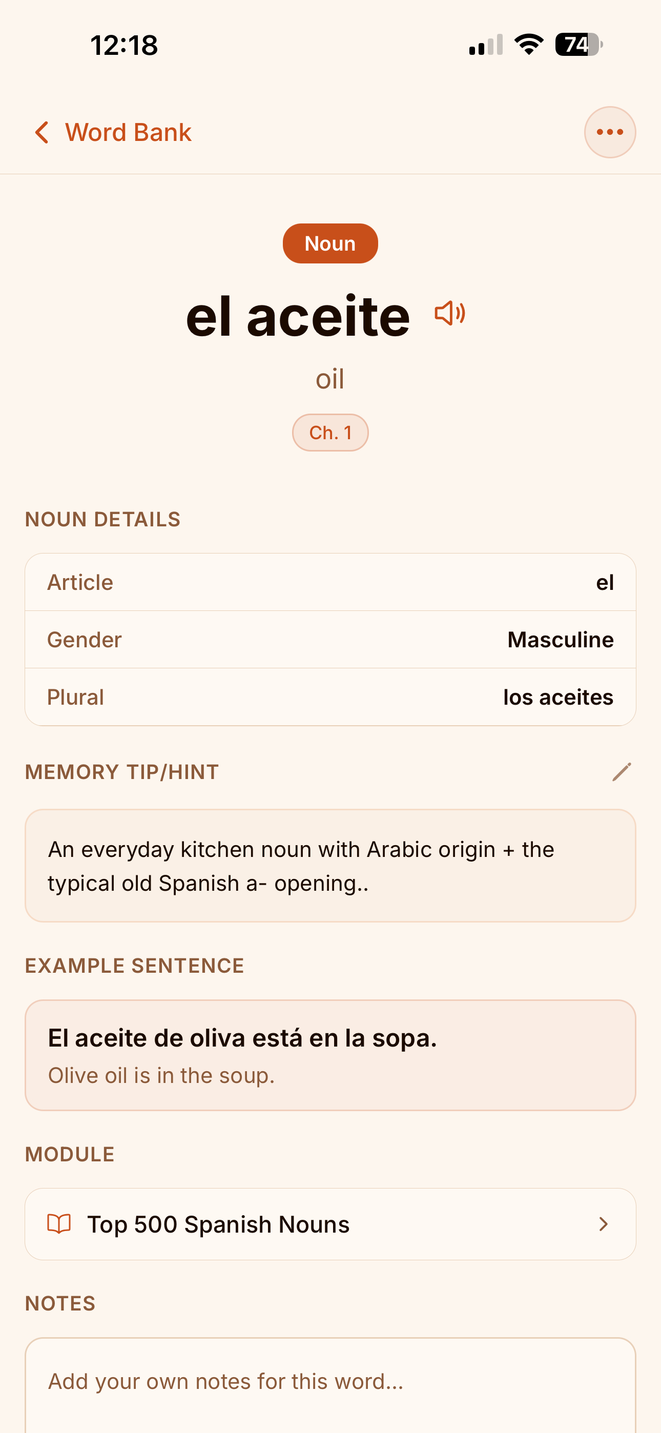 Taza word detail page showing grammar information, a memory hint, and an example sentence