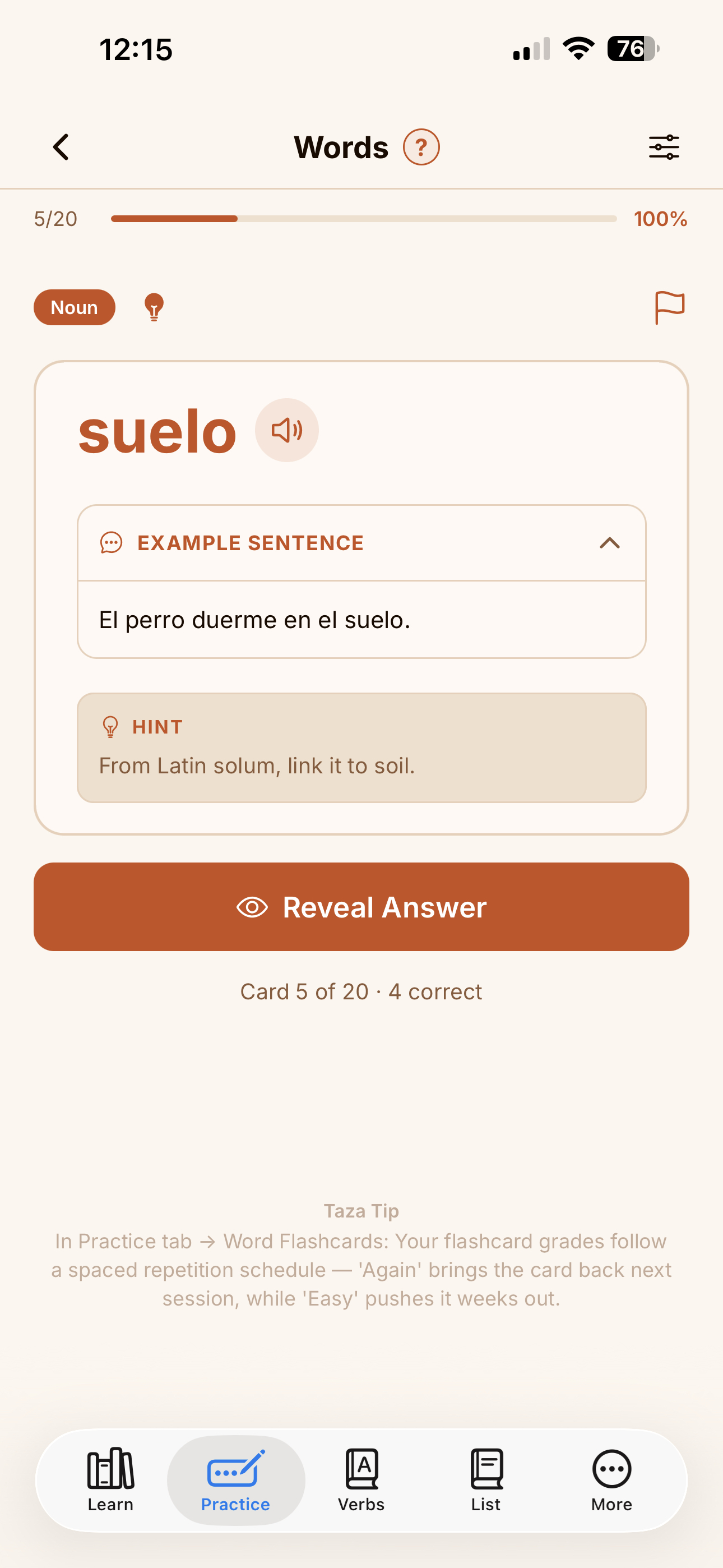 Taza word translation practice for the Spanish word suelo